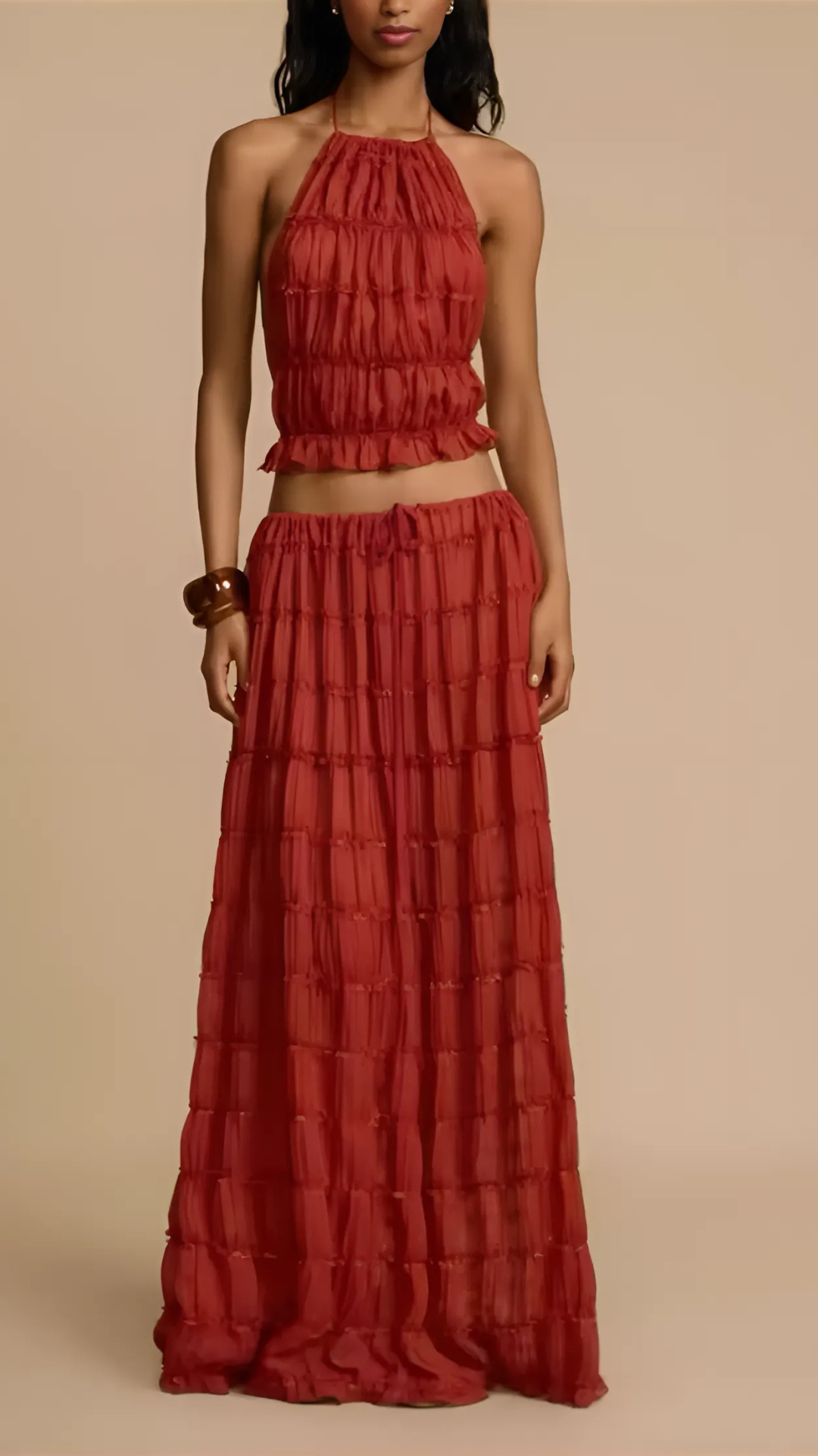 Elegantes 2-teiliges Boho-Set – Halter Top mit Spitzen und Faltenrock