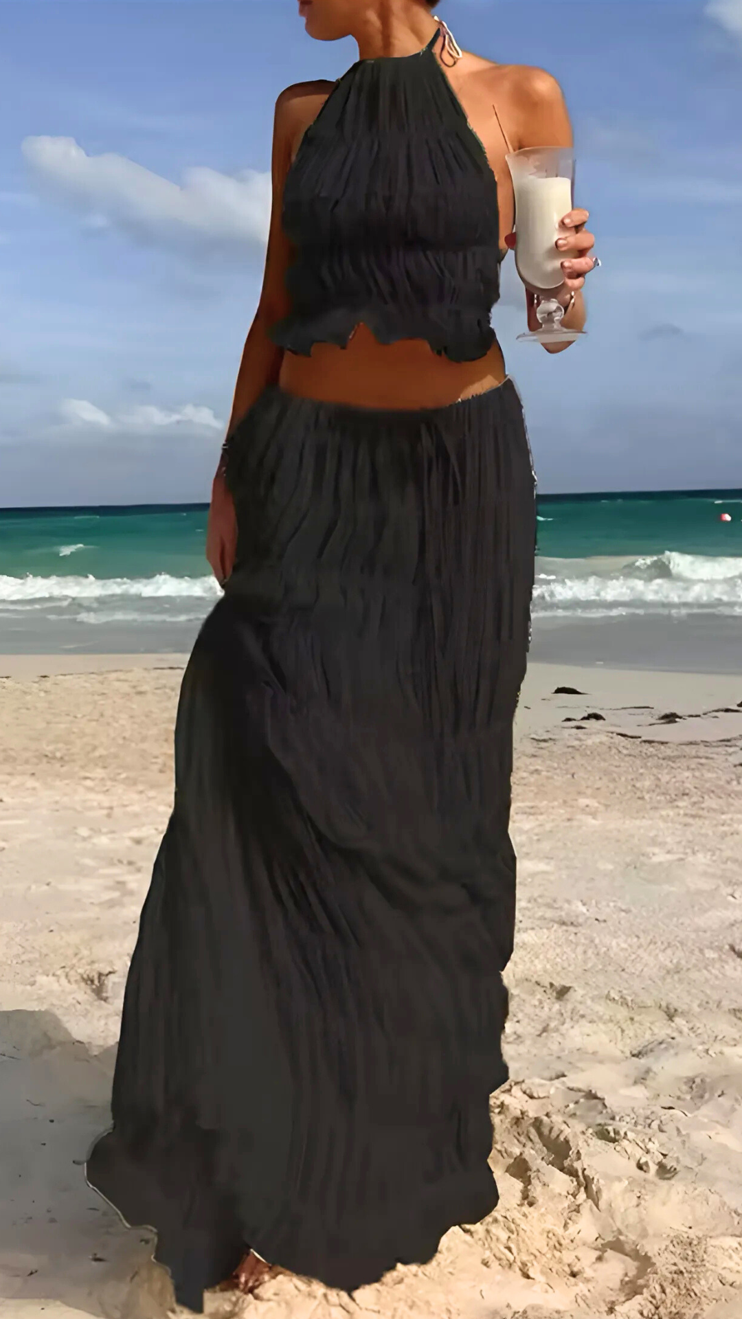Elegantes 2-teiliges Boho-Set – Halter Top mit Spitzen und Faltenrock