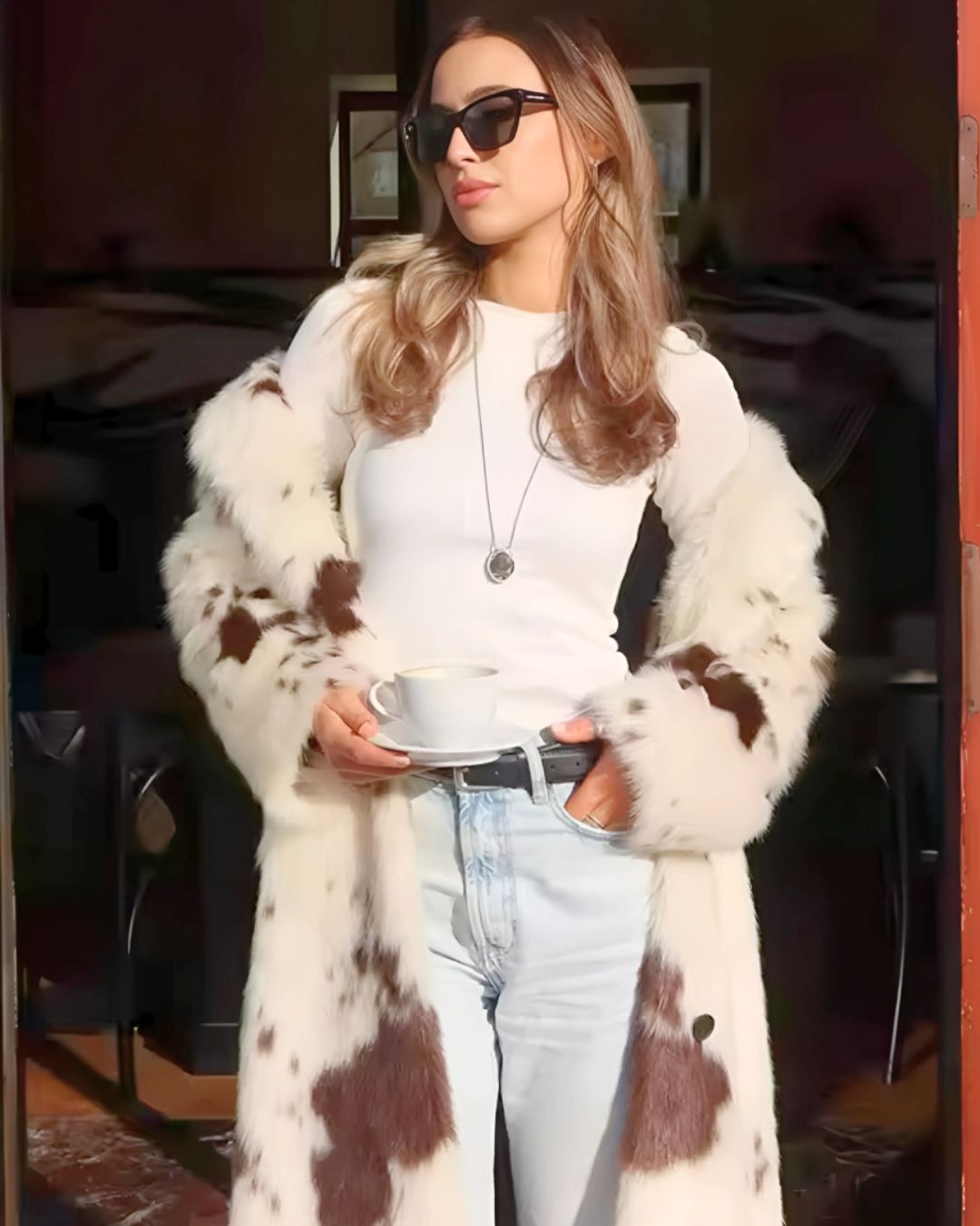 Couture Cowprint Faux Fur Long Coat