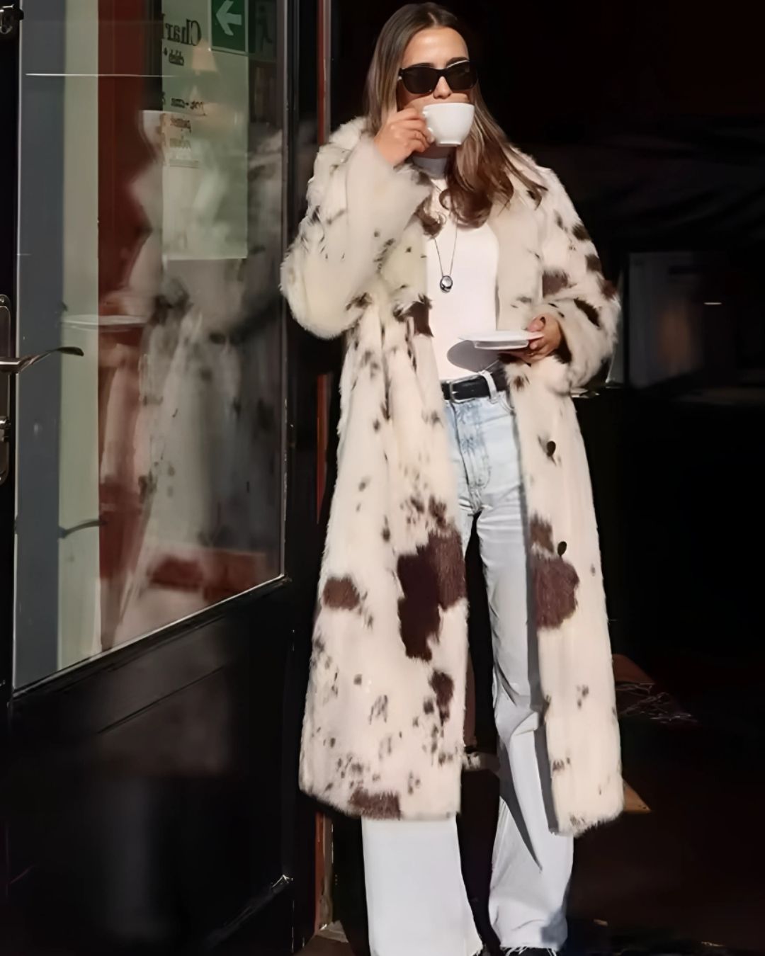 Couture Cowprint Faux Fur Long Coat