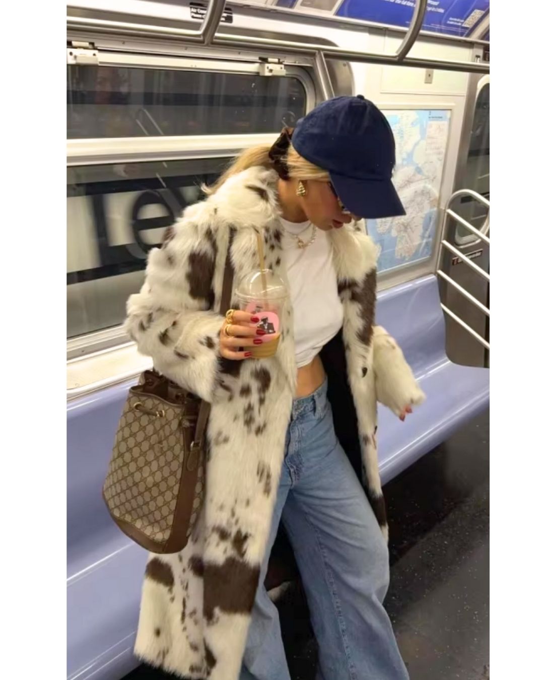 Couture Cowprint Faux Fur Long Coat