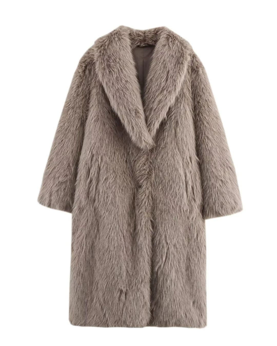 Khakifarbener Faux Fur Mantel mit Reverskragen in hochwertiger Kunstfelloptik - Frontansicht 