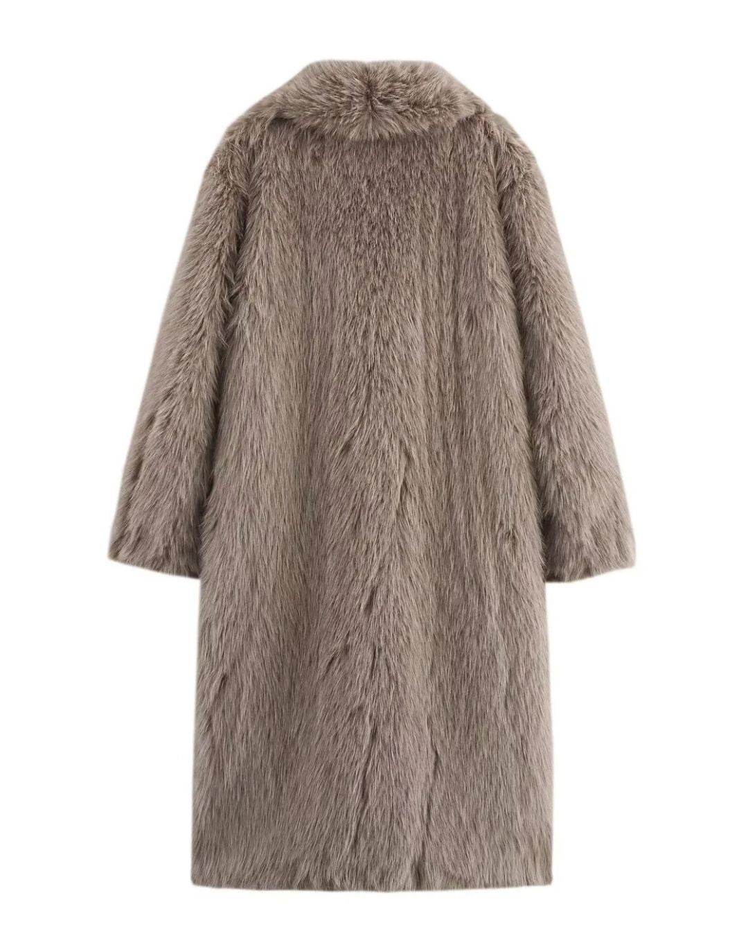 Khaki Kunstfellmantel mit voluminöser Silhouette und weichem Faux-Fur-Material - Rückansicht 