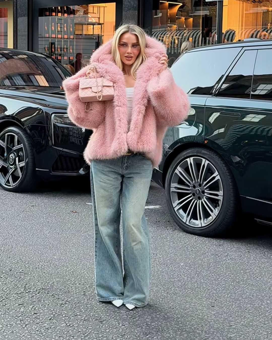 Rosa Faux Fur Mantel in luxuriöser Kunstfelloptik - Frontansicht im Streetstyle-Look 
