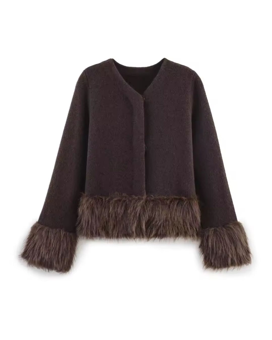 Braune Damenjacke mit Kunstfellbesatz und V-Ausschnitt von LALLUVIA Onlineshop 