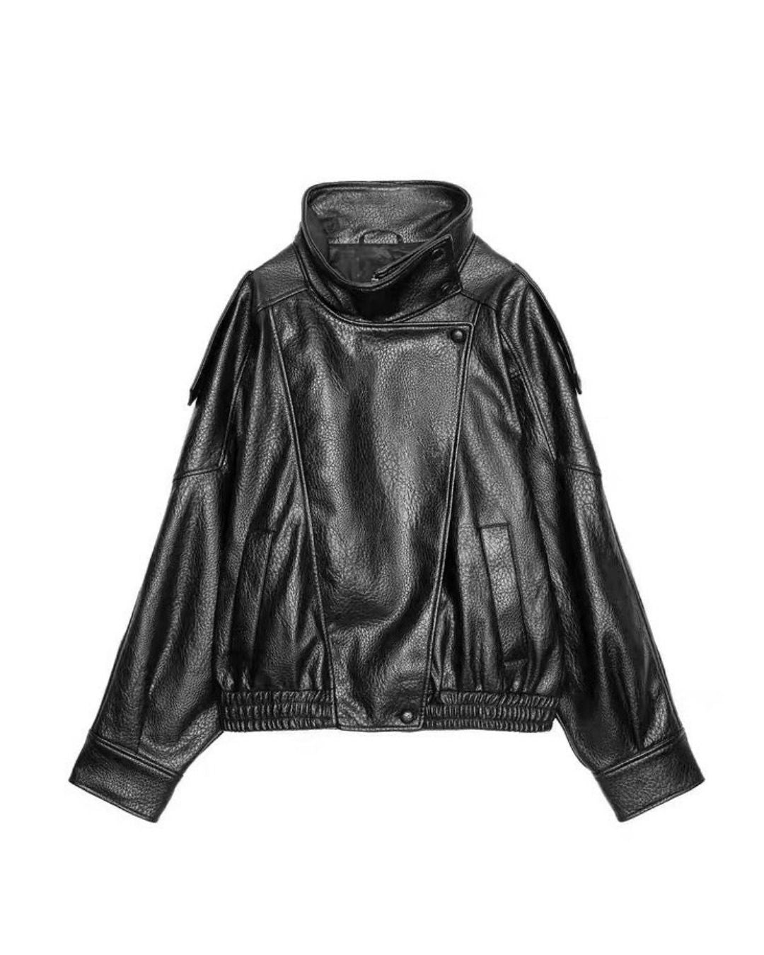 Schwarze Lederjacke mit Stehkragen in Oversized-Passform-Frontansicht