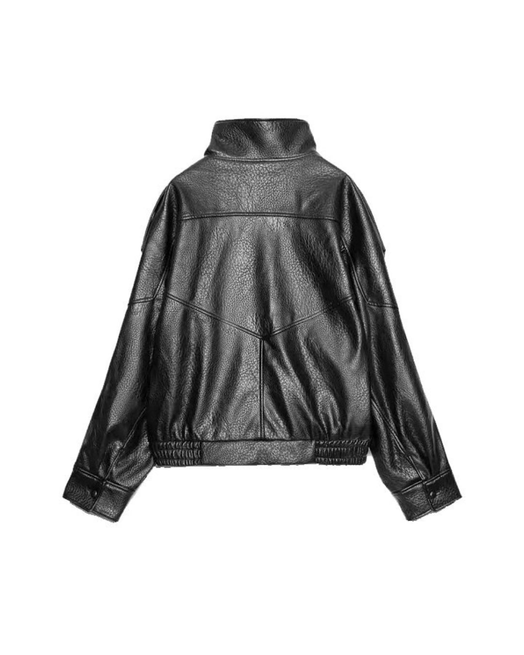 Schwarze Oversized Lederjacke mit Stehkragen - Rückenansicht 