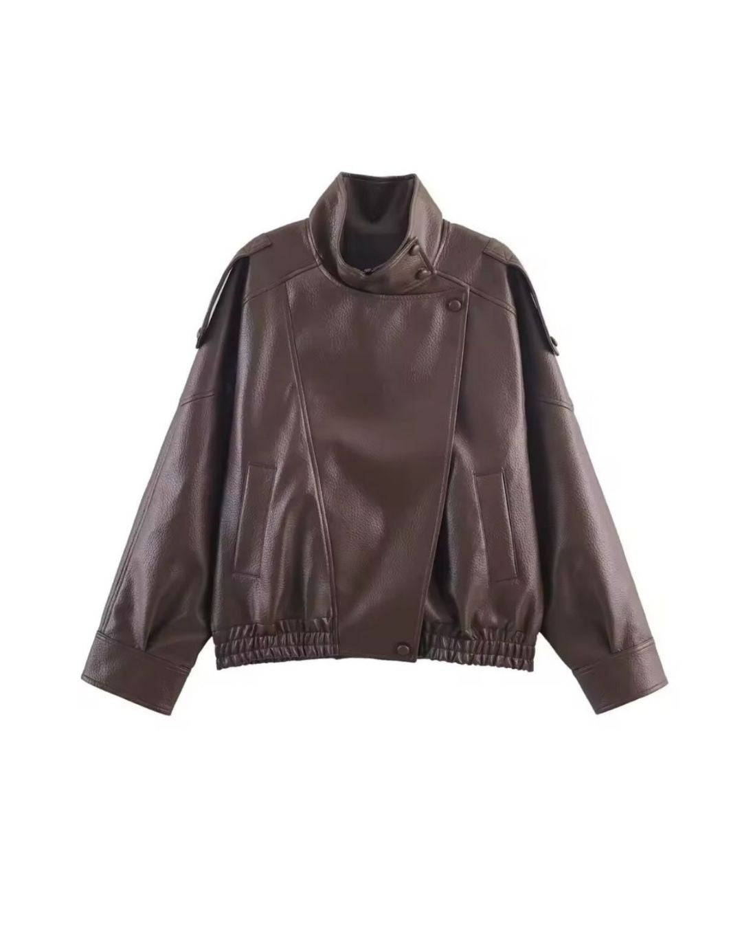 Braune Lederjacke mit Stehkragen im modernen Oversized-Schnitt-Frontansicht