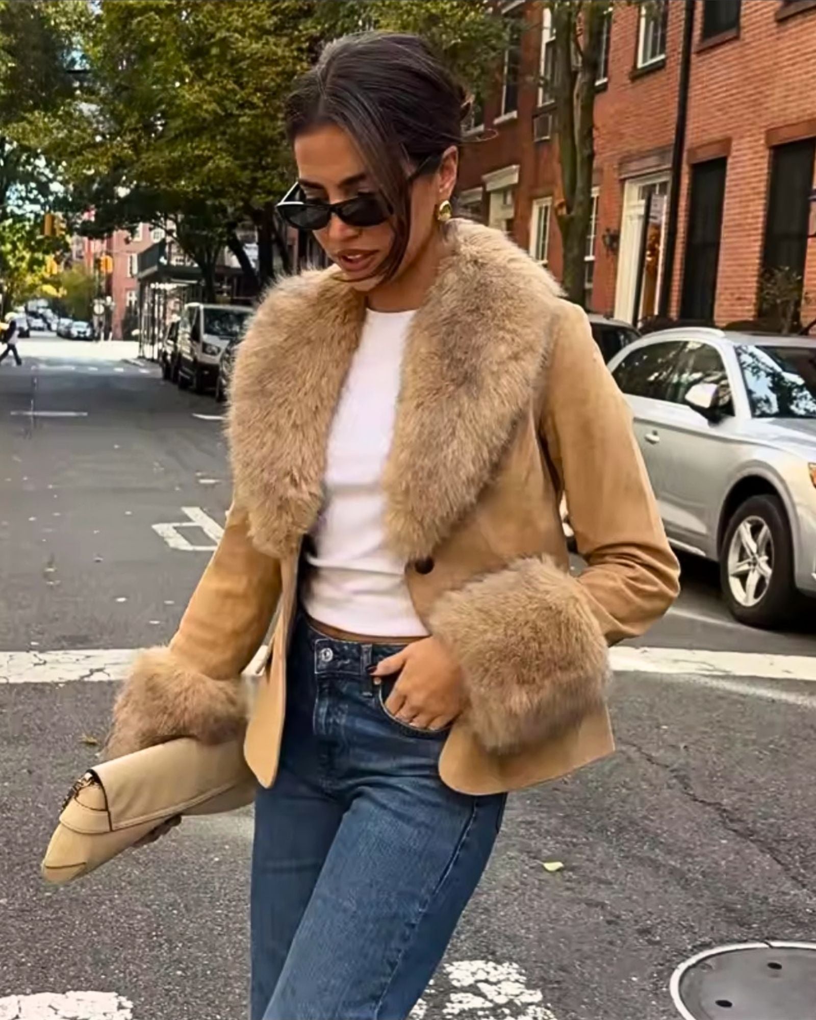 Faux Fur Trim Jacket – Soft Beige Brown