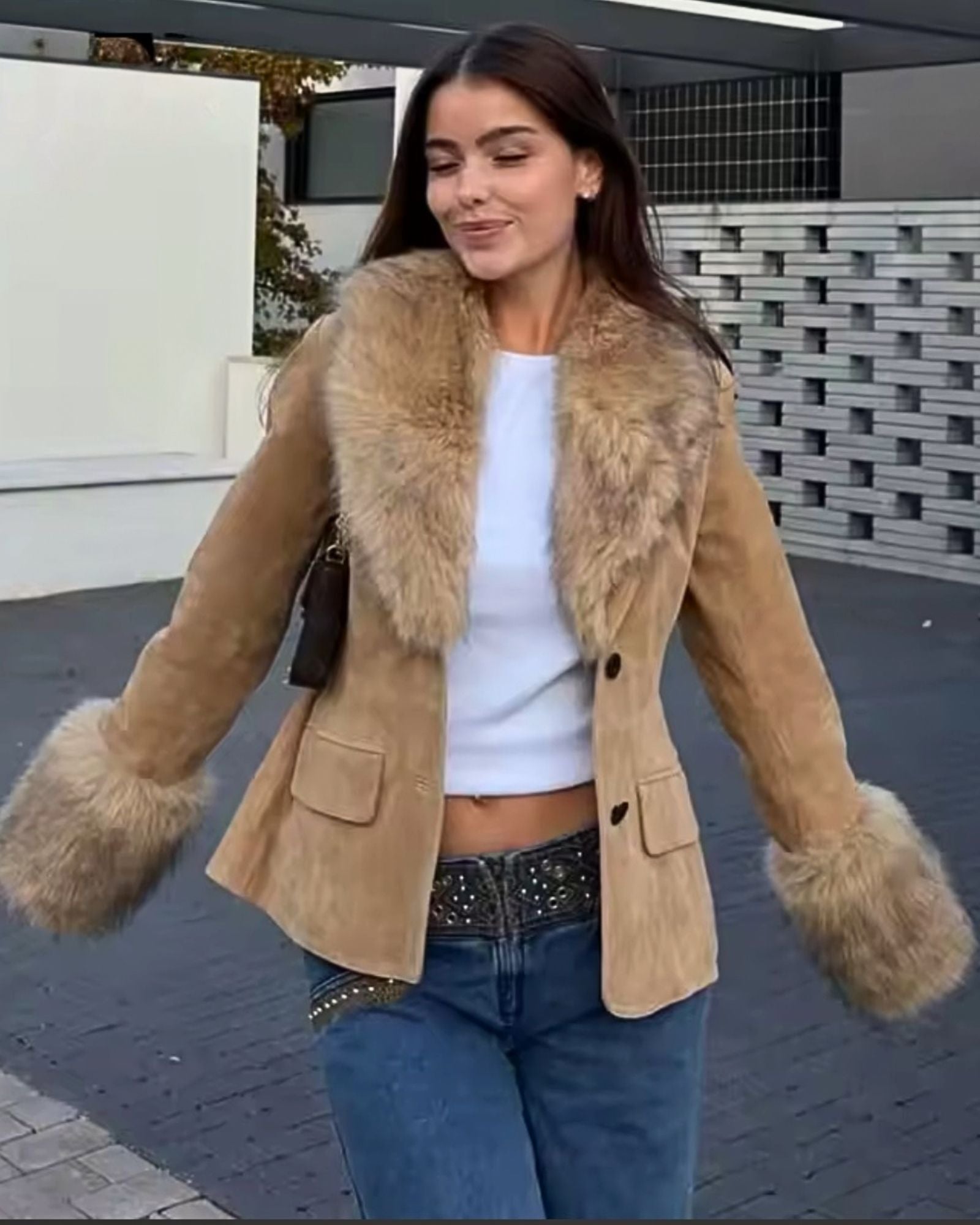 Faux Fur Trim Jacket – Soft Beige Brown