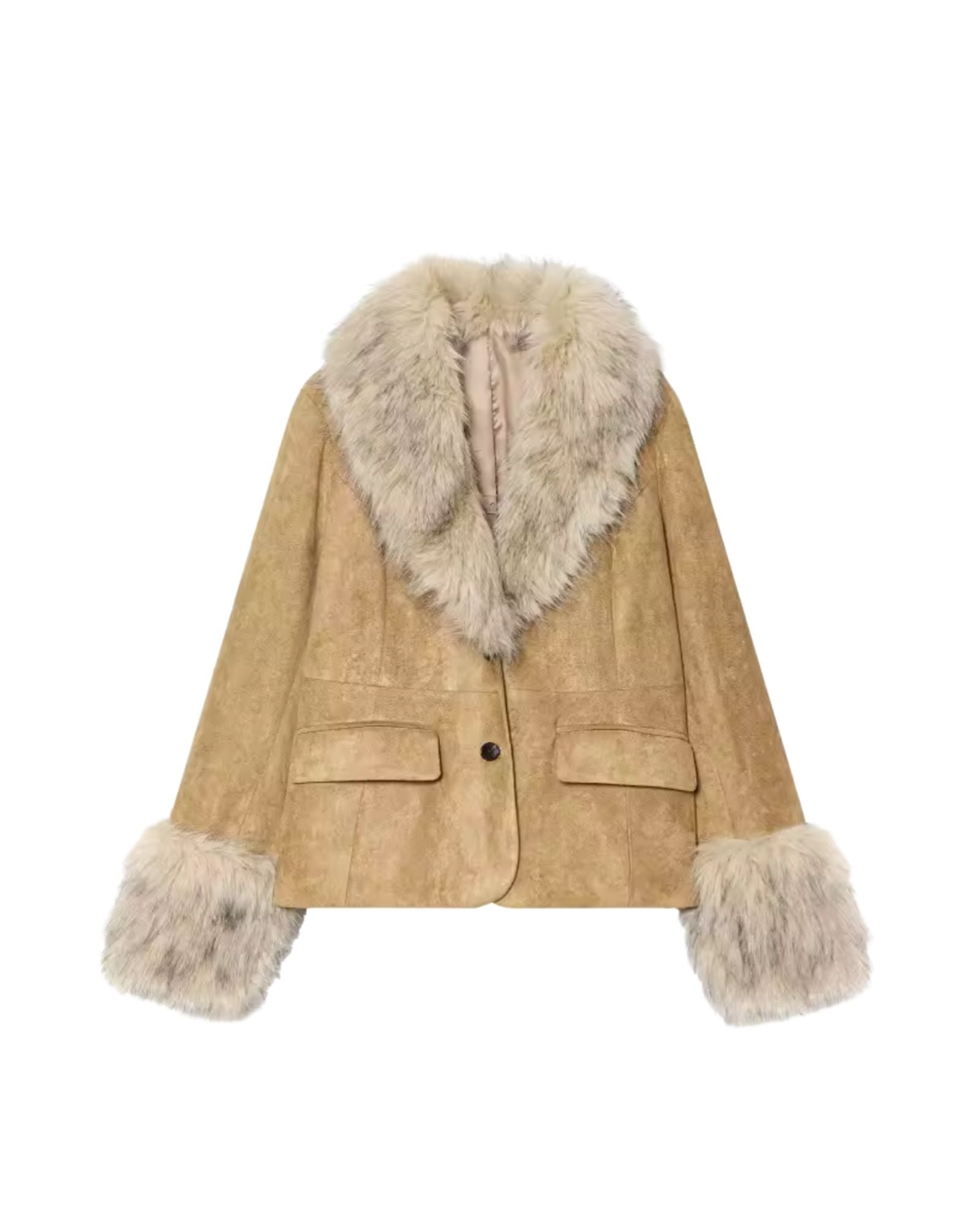 Faux Fur Trim Jacket – Soft Beige Brown