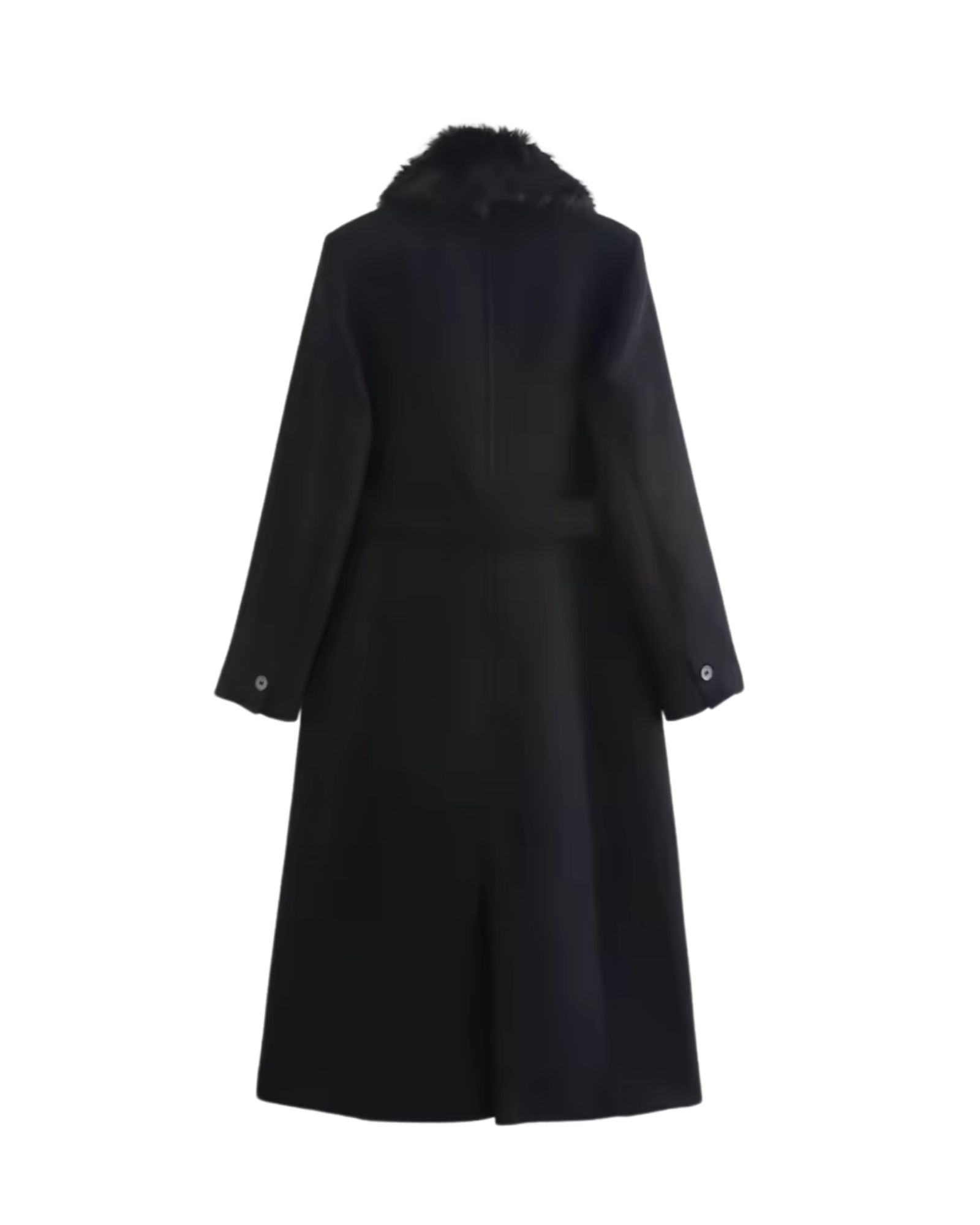 Rückansicht eines schwarzen Wickelmantels mit Bindegürtel in der Taille 