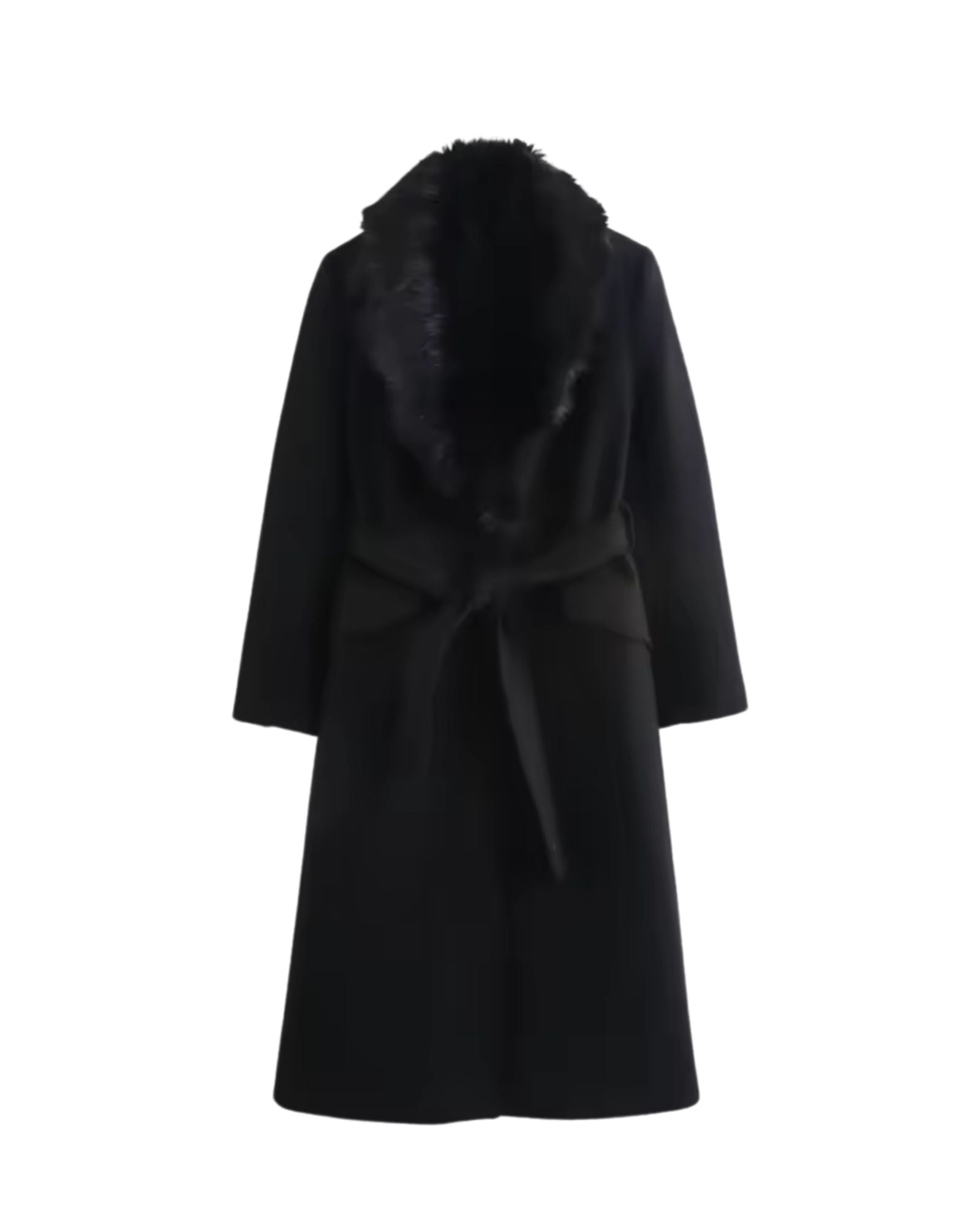 Schwarzer Wickelmantel mit weichem Kunstfellkragen in Frontansicht