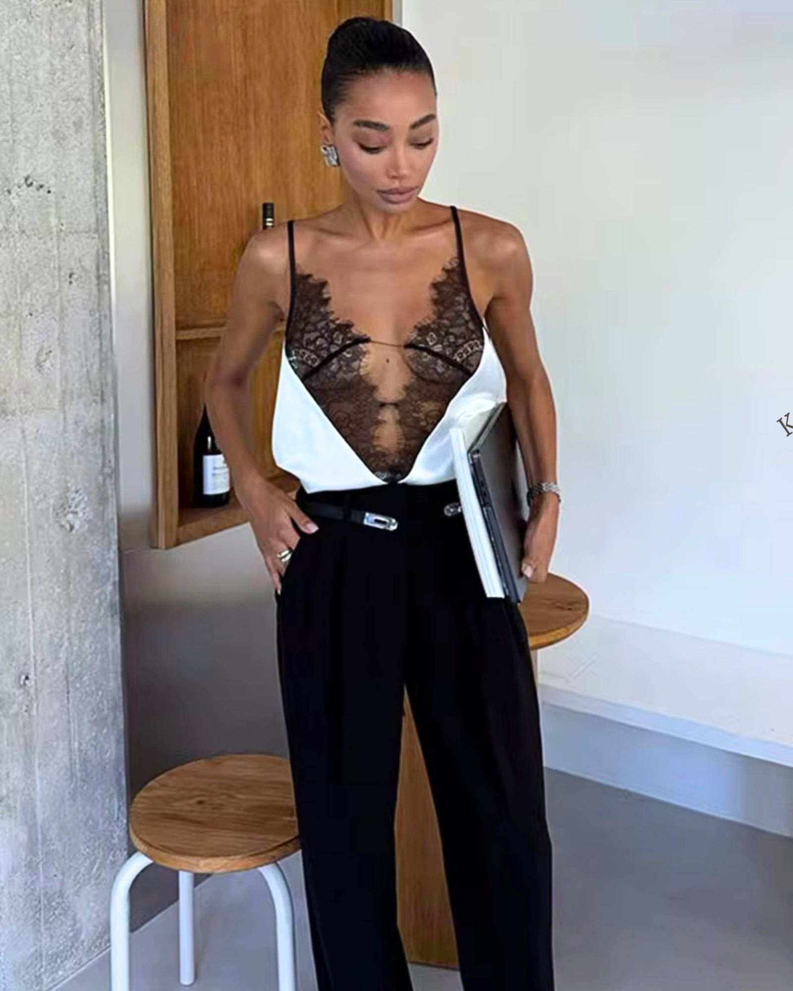 LALLUVIA Satin Lace Layer Top – Elegant Contrast Camisole